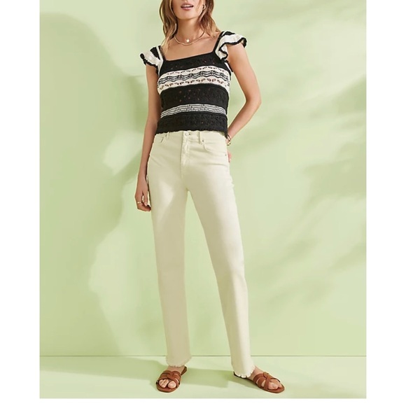 LOFT | Striped Crochet Ruffle Sweater Top - Picture 4 of 13